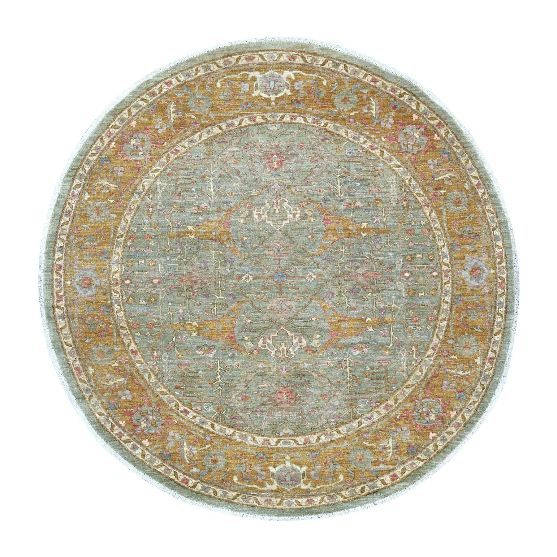6'x6' Sage Green, Peshawar with Bijar Garus Design, High Mountain Wool, Densely Woven, Hand Knotted, Round, Oriental Rug 